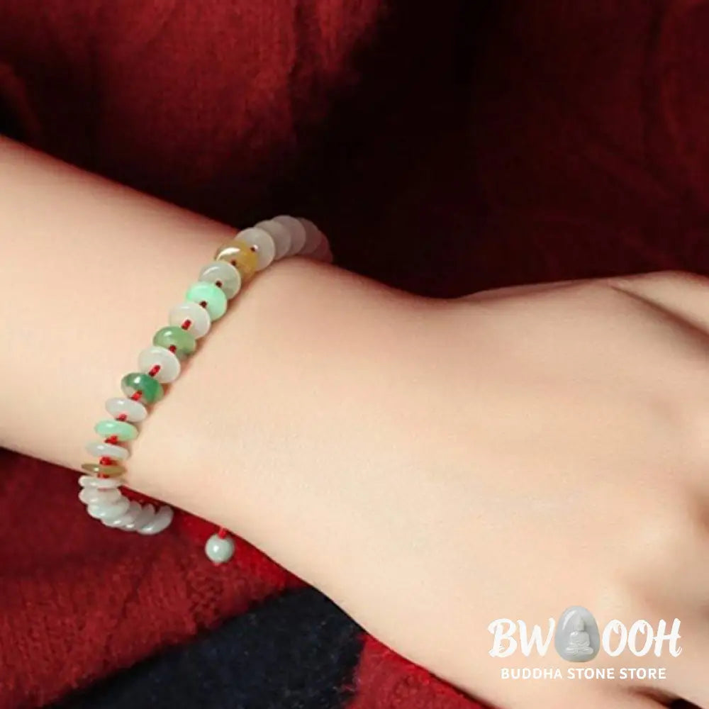 Buddha Stones Round Jade Lucky Red String Weave Bracelet - Jade(Wrist Circumference 14-20cm) - Bracelet