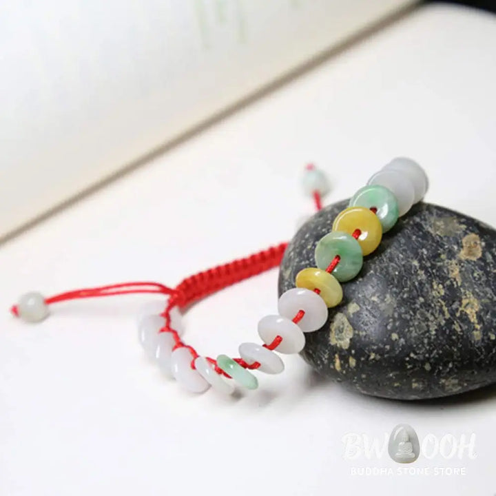 Buddha Stones Round Jade Lucky Red String Weave Bracelet - Jade(Wrist Circumference 14-20cm) - Bracelet