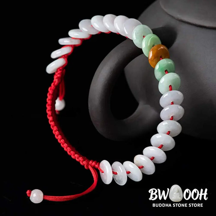 Buddha Stones Round Jade Lucky Red String Weave Bracelet - Jade(Wrist Circumference 14-20cm) - Bracelet