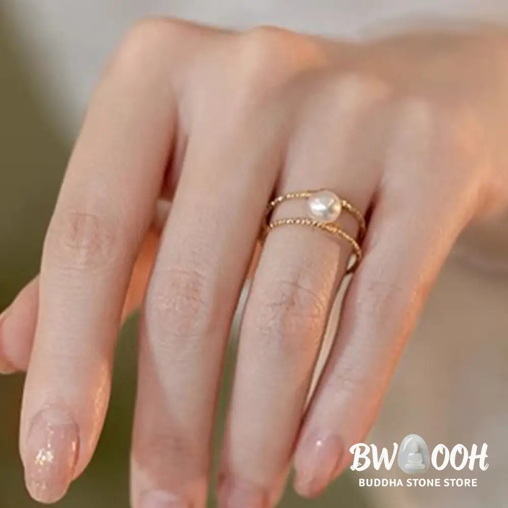 Buddha Stones Round Jade Pearl Bead Double Layer Copper Luck Adjustable Ring - BWOOOH - Ring