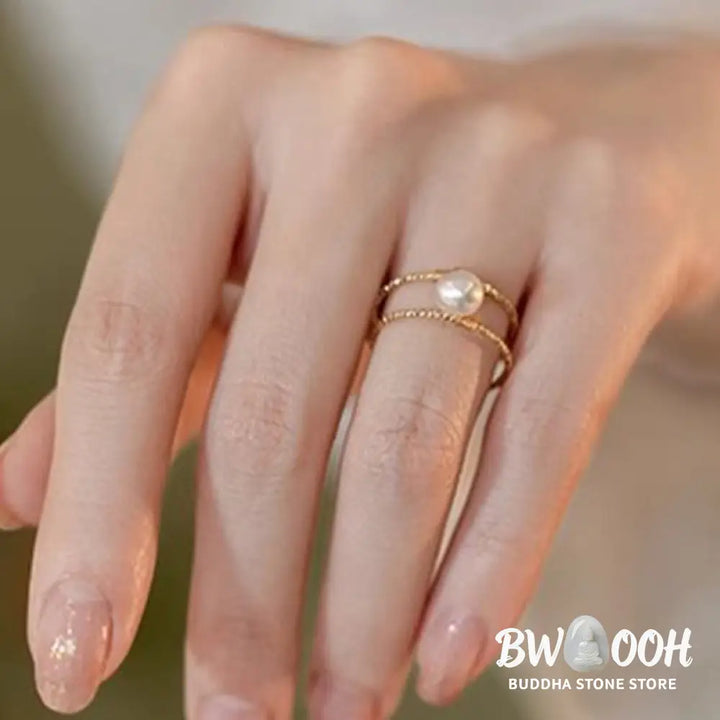 Buddha Stones Round Jade Pearl Bead Double Layer Copper Luck Adjustable Ring - BWOOOH - Ring