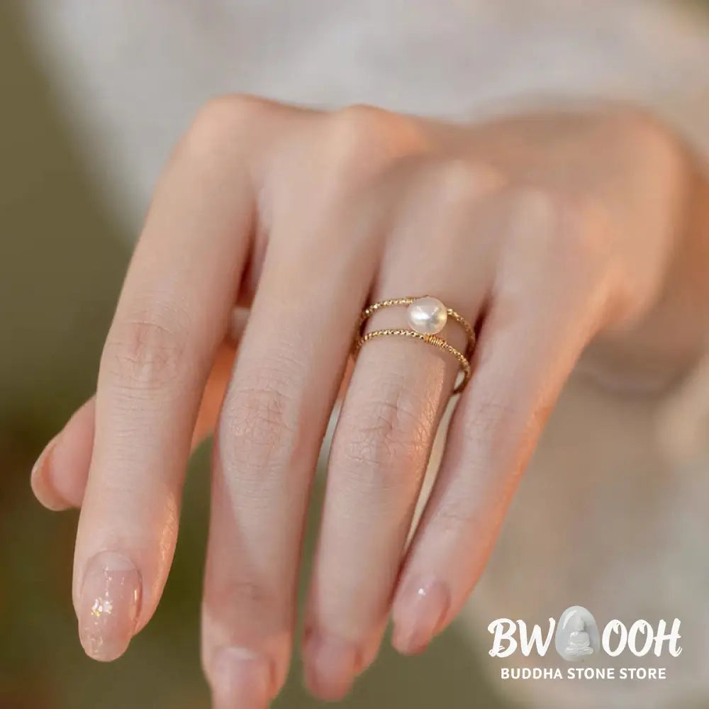 Buddha Stones Round Jade Pearl Bead Double Layer Copper Luck Adjustable Ring - BWOOOH - Ring