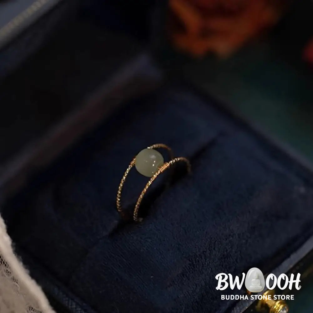 Buddha Stones Round Jade Pearl Bead Double Layer Copper Luck Adjustable Ring - BWOOOH - Ring