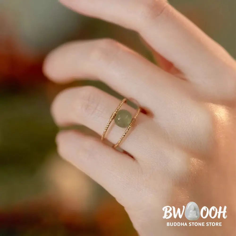 Buddha Stones Round Jade Pearl Bead Double Layer Copper Luck Adjustable Ring - BWOOOH - Ring