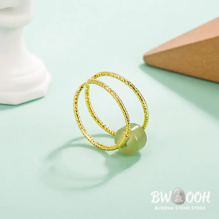 Buddha Stones Round Jade Pearl Bead Double Layer Copper Luck Adjustable Ring - BWOOOH - Ring
