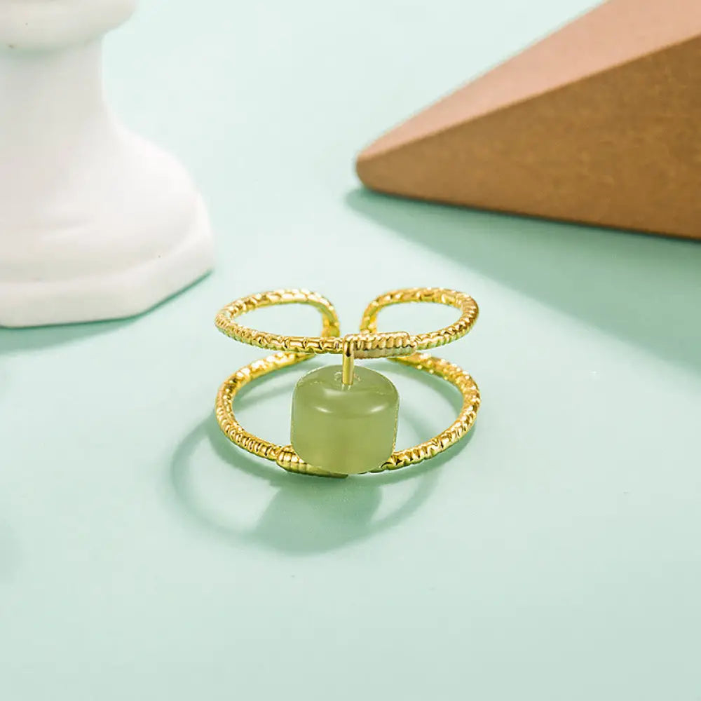 Buddha Stones Round Jade Pearl Bead Double Layer Copper Luck Adjustable Ring - BWOOOH - Jade(Adjustable) - Ring