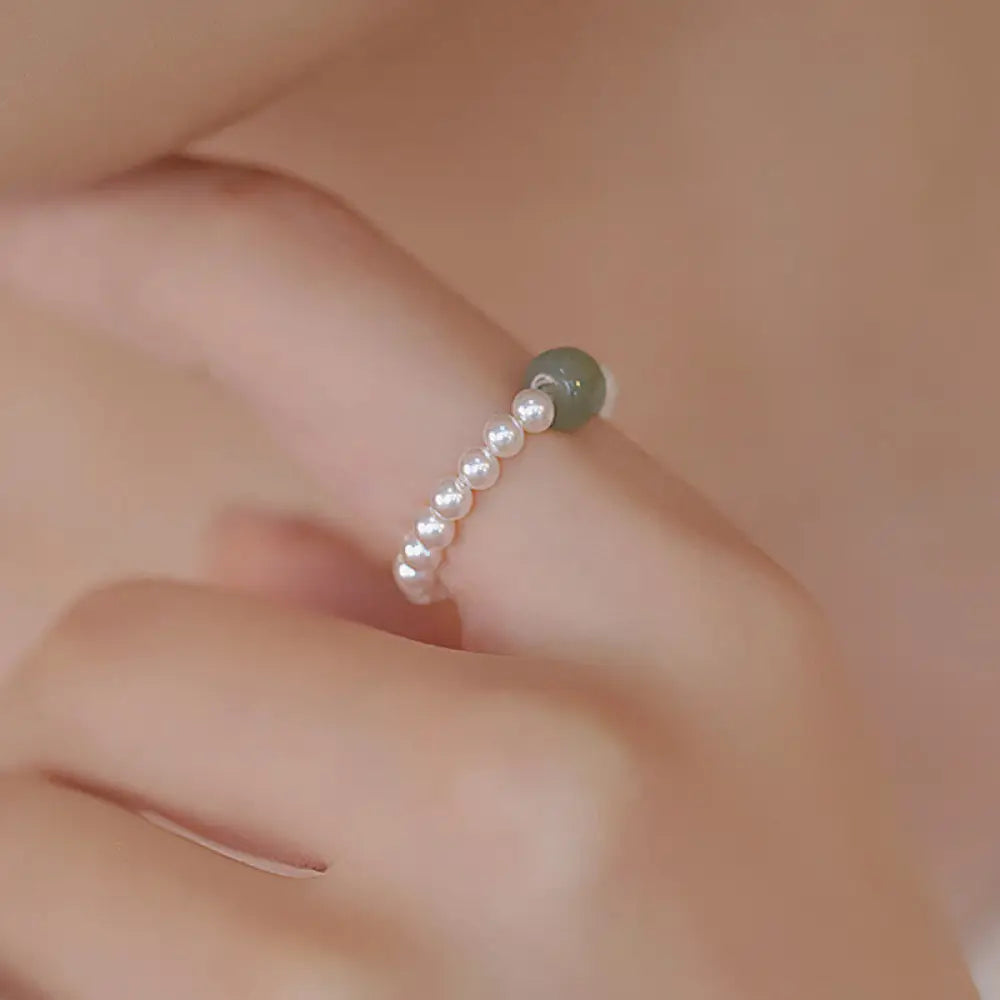 Buddha Stones Round Jade Pearl Beads Luck Ring - BWOOOH - Dark Color Jade - Ring