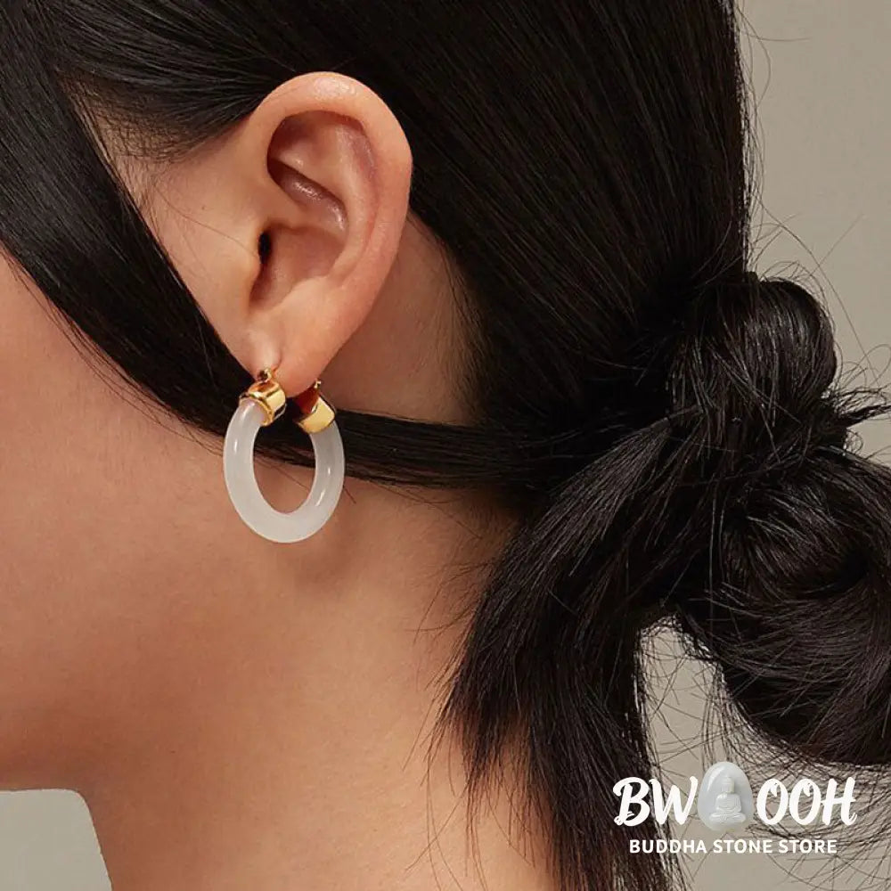 Buddha Stones Round Jade White Jade Prosperity Earrings - Earrings