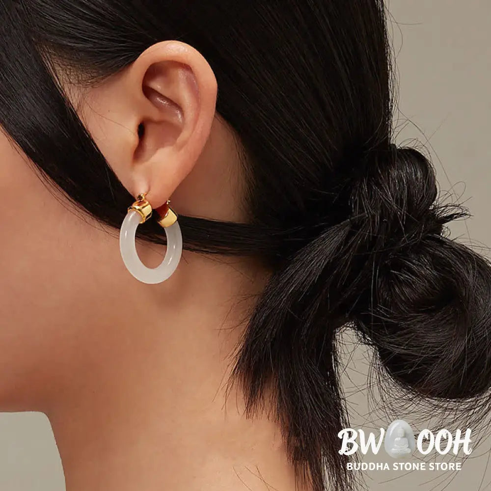 Buddha Stones Round Jade White Jade Prosperity Earrings - Earrings