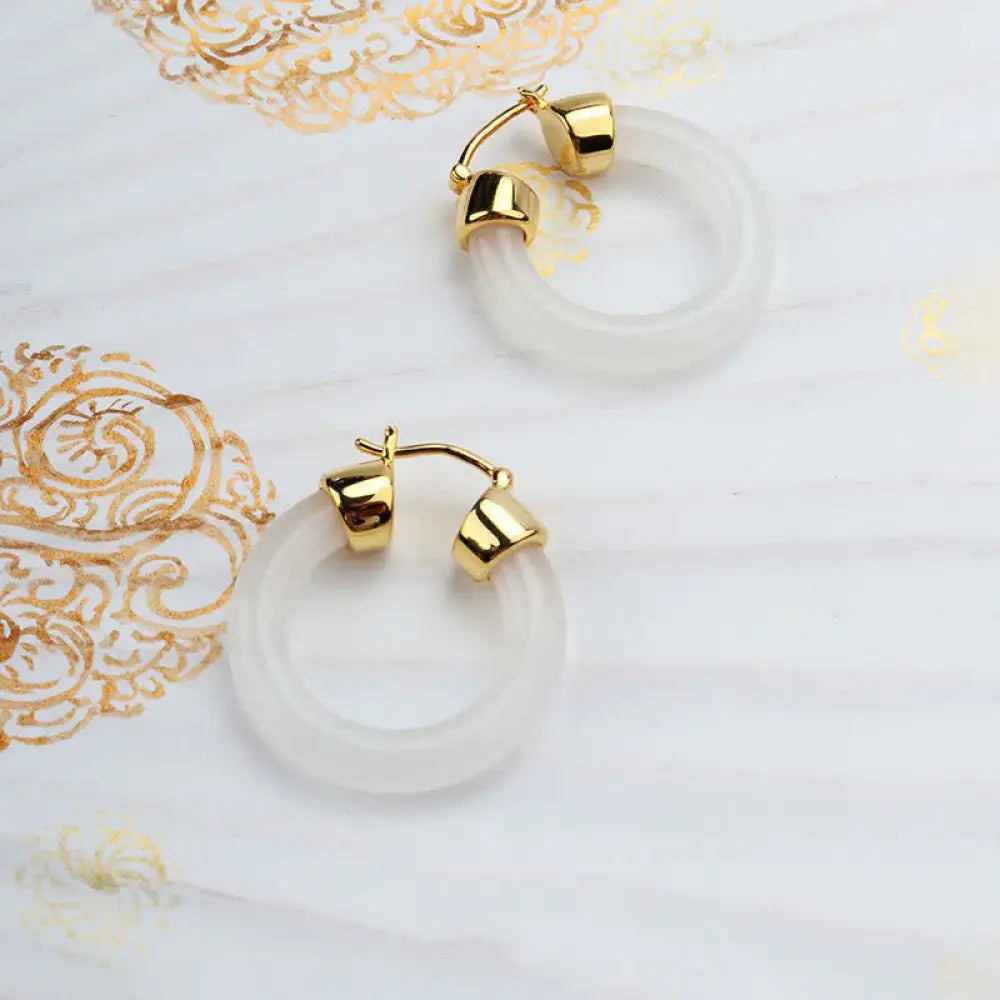 Buddha Stones Round Jade White Jade Prosperity Earrings - Gold - Earrings