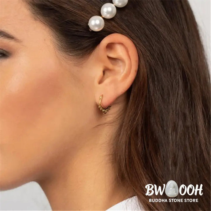 Buddha Stones Round Lotus Flower Pattern Luck Hoop Earrings - Earrings