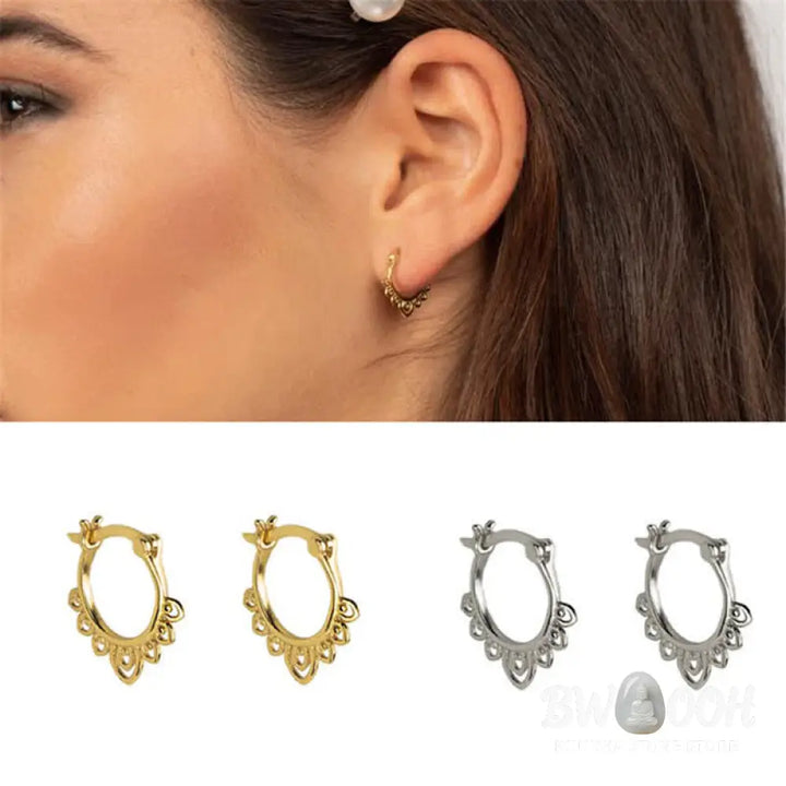 Buddha Stones Round Lotus Flower Pattern Luck Hoop Earrings - Earrings