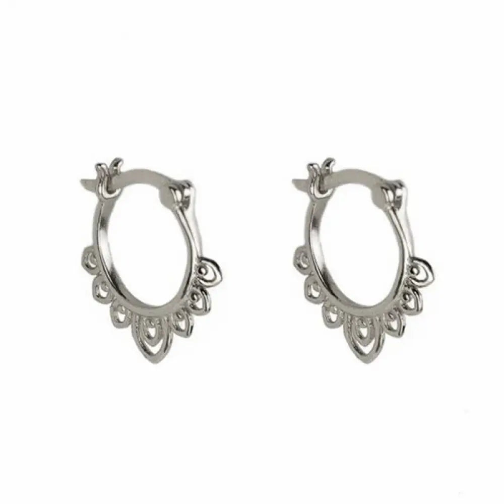Buddha Stones Round Lotus Flower Pattern Luck Hoop Earrings - Silver - Earrings