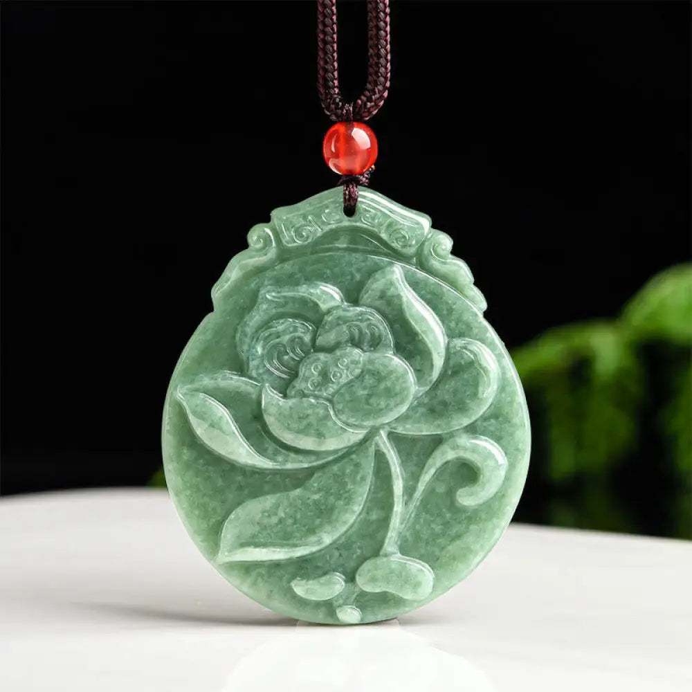 Buddha Stones Round Lotus Pattern Jade Abundance Prosperity Necklace Rope Pendant - BWOOOH - Jade(Prosperity♥Abundance)