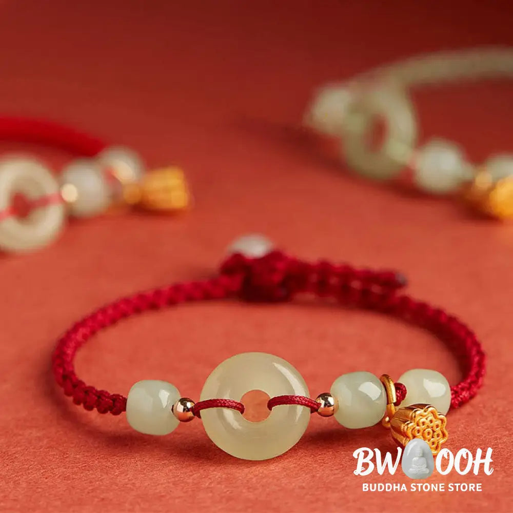 Buddha Stones Round Peace Buckle Jade Lotus Happiness Abundance Wealth String Bracelet - BWOOOH - Bracelet