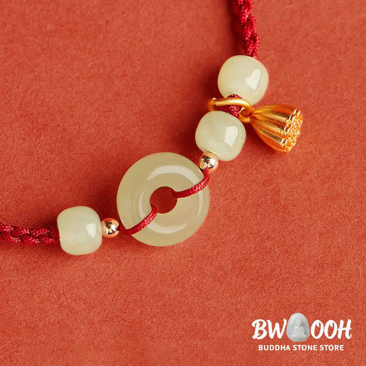 Buddha Stones Round Peace Buckle Jade Lotus Happiness Abundance Wealth String Bracelet - BWOOOH - Bracelet