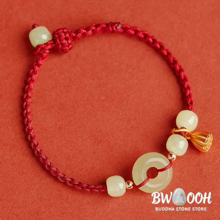 Buddha Stones Round Peace Buckle Jade Lotus Happiness Abundance Wealth String Bracelet - BWOOOH - Bracelet