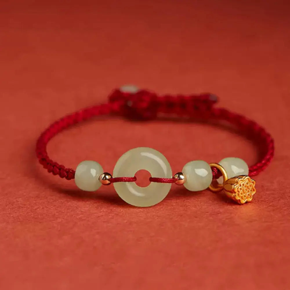 BWOOOH Round Peace Buckle Jade Lotus Happiness Abundance Wealth String Bracelet - BWOOOH - Lotus-Dark Red(Wrist