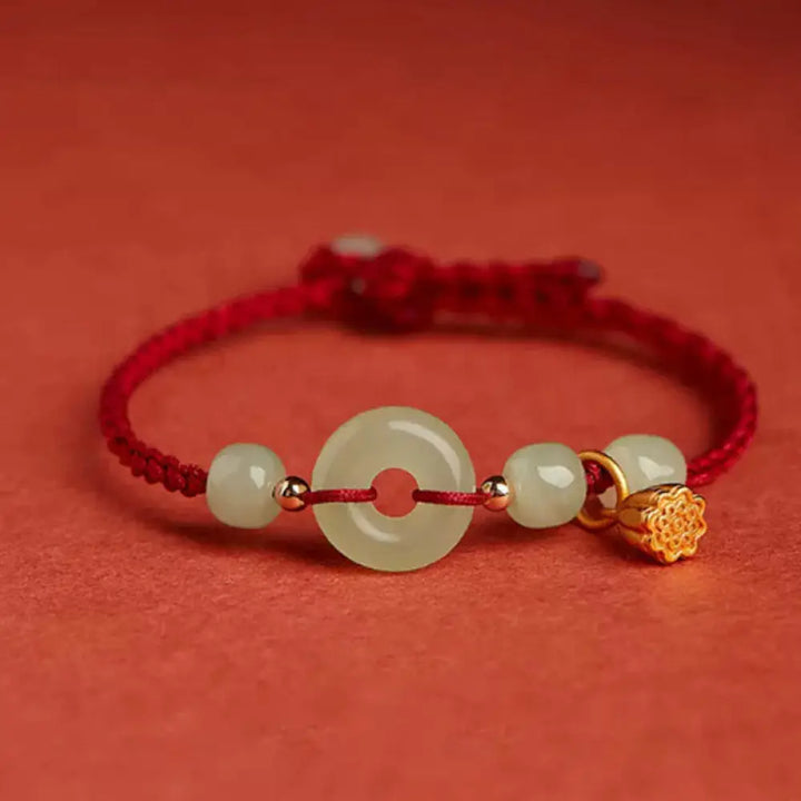 BWOOOH Round Peace Buckle Jade Lotus Happiness Abundance Wealth String Bracelet - BWOOOH - Lotus-Dark Red(Wrist