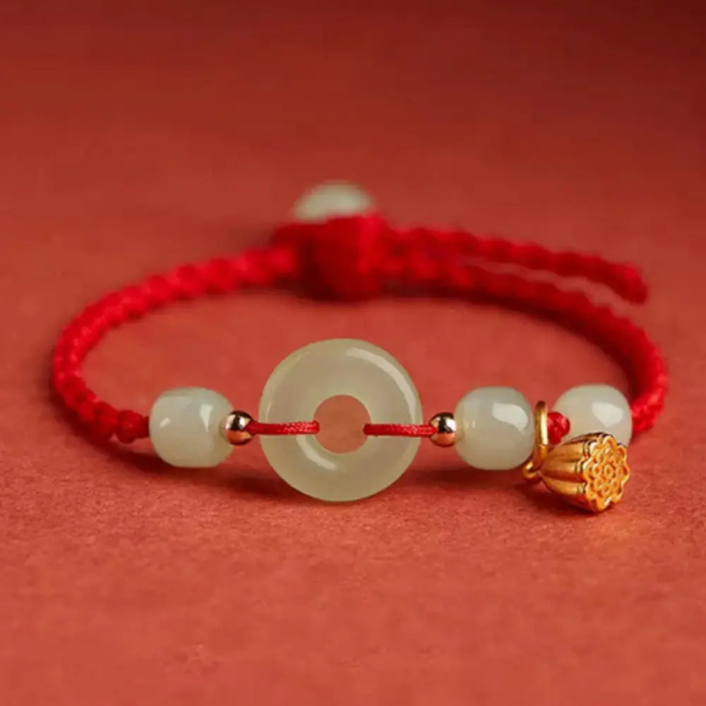 Buddha Stones Round Peace Buckle Jade Lotus Happiness Abundance Wealth String Bracelet - BWOOOH - Lotus-Red(Wrist