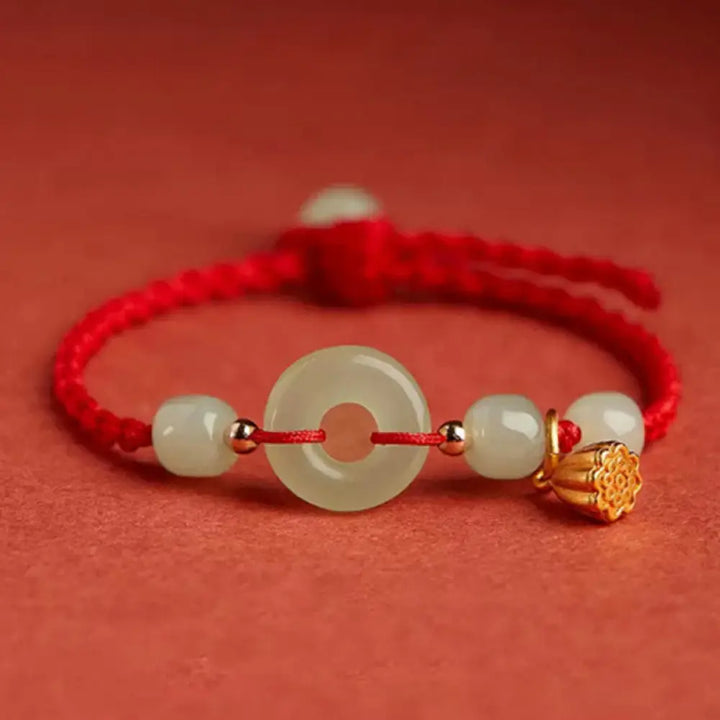 Buddha Stones Round Peace Buckle Jade Lotus Happiness Abundance Wealth String Bracelet - BWOOOH - Lotus-Red(Wrist