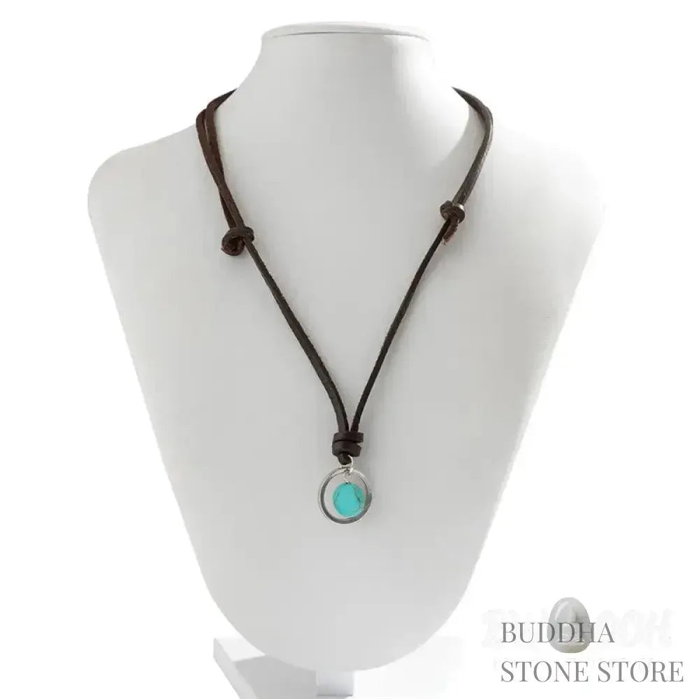 BWOOOH Round Turquoise Stone Protection Strength Necklace Pendant, featuring a 2cm synthetic turquoise stone on an 80cm PU rope. Symbolizes throat chakra activation for wisdom, serenity, and self-expression. - View 7