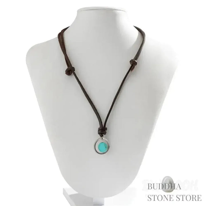 BWOOOH Round Turquoise Stone Protection Strength Necklace Pendant, featuring a 2cm synthetic turquoise stone on an 80cm PU rope. Symbolizes throat chakra activation for wisdom, serenity, and self-expression. - View 7