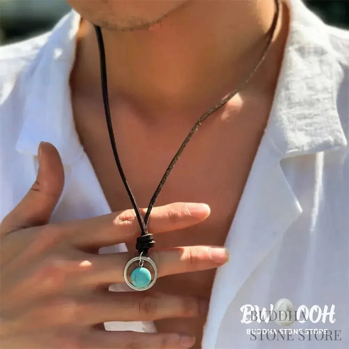 BWOOOH Round Turquoise Stone Protection Strength Necklace Pendant, featuring a 2cm synthetic turquoise stone on an 80cm PU rope. Symbolizes throat chakra activation for wisdom, serenity, and self-expression. - View 11