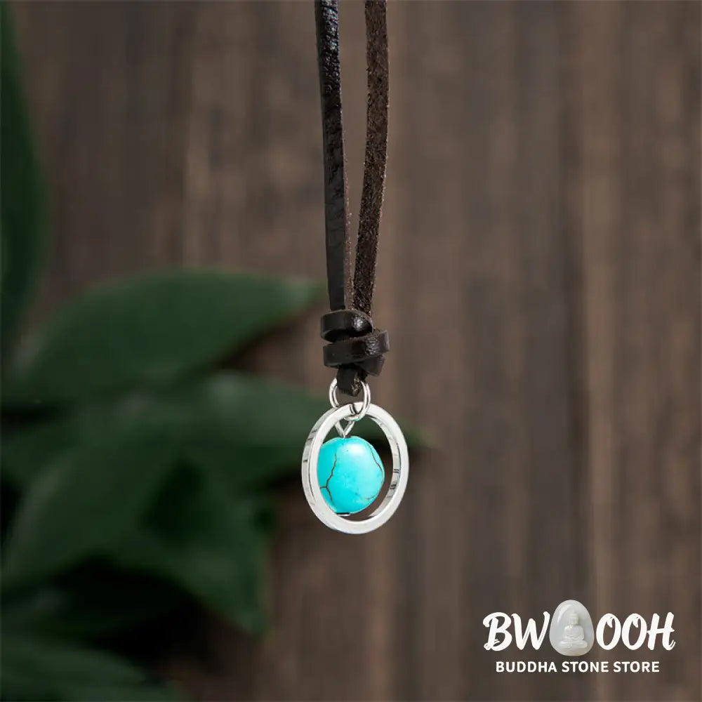 BWOOOH Round Turquoise Stone Protection Strength Necklace Pendant, featuring a 2cm synthetic turquoise stone on an 80cm PU rope. Symbolizes throat chakra activation for wisdom, serenity, and self-expression. - View 2