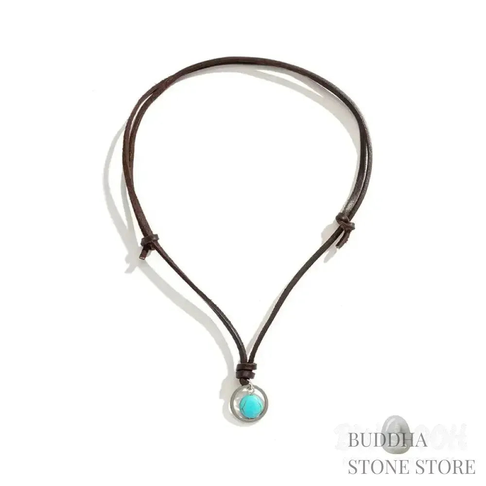 BWOOOH Round Turquoise Stone Protection Strength Necklace Pendant, featuring a 2cm synthetic turquoise stone on an 80cm PU rope. Symbolizes throat chakra activation for wisdom, serenity, and self-expression. - View 6