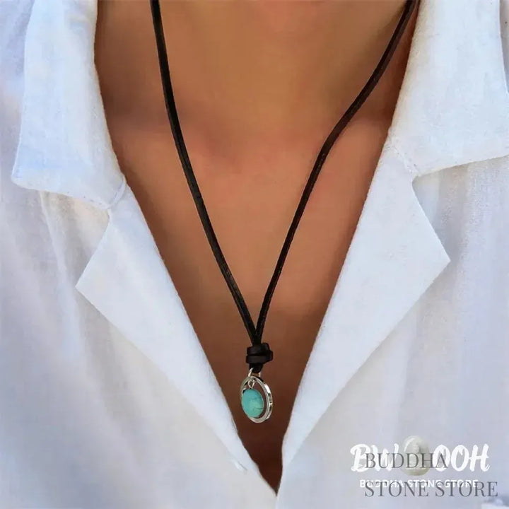 BWOOOH Round Turquoise Stone Protection Strength Necklace Pendant, featuring a 2cm synthetic turquoise stone on an 80cm PU rope. Symbolizes throat chakra activation for wisdom, serenity, and self-expression. - View 9