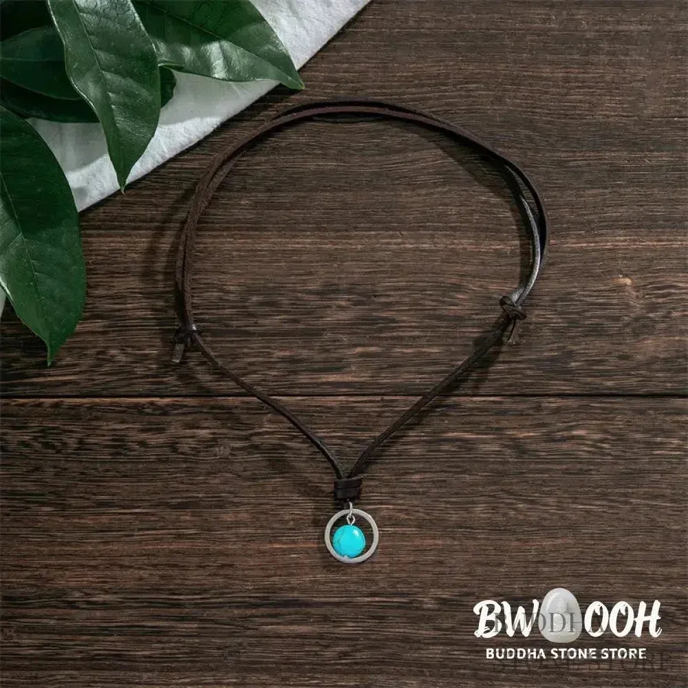 BWOOOH Round Turquoise Stone Protection Strength Necklace Pendant, featuring a 2cm synthetic turquoise stone on an 80cm PU rope. Symbolizes throat chakra activation for wisdom, serenity, and self-expression. - View 3