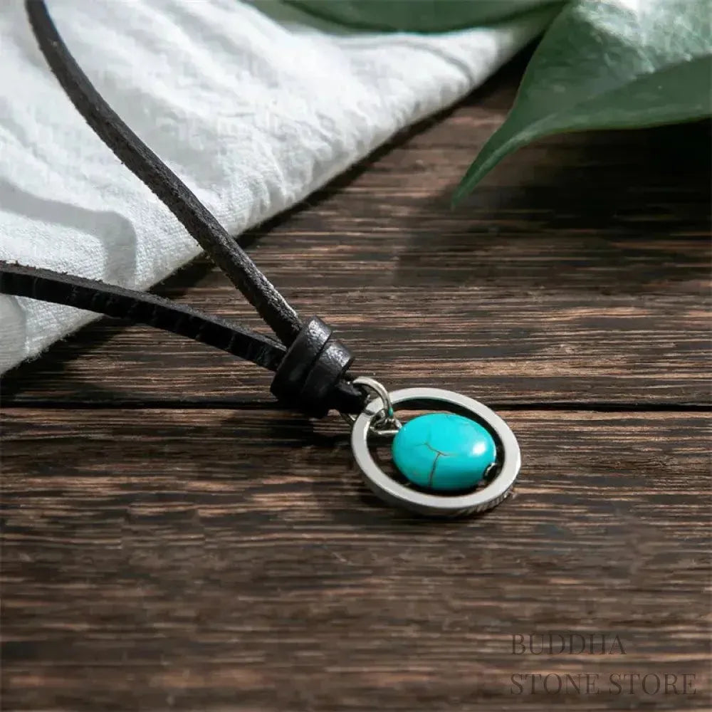 BWOOOH Round Turquoise Stone Protection Strength Necklace Pendant, featuring a 2cm synthetic turquoise stone on an 80cm PU rope. Symbolizes throat chakra activation for wisdom, serenity, and self-expression.
