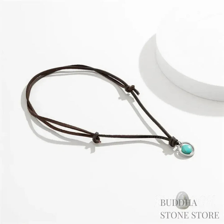 BWOOOH Round Turquoise Stone Protection Strength Necklace Pendant, featuring a 2cm synthetic turquoise stone on an 80cm PU rope. Symbolizes throat chakra activation for wisdom, serenity, and self-expression. - View 5