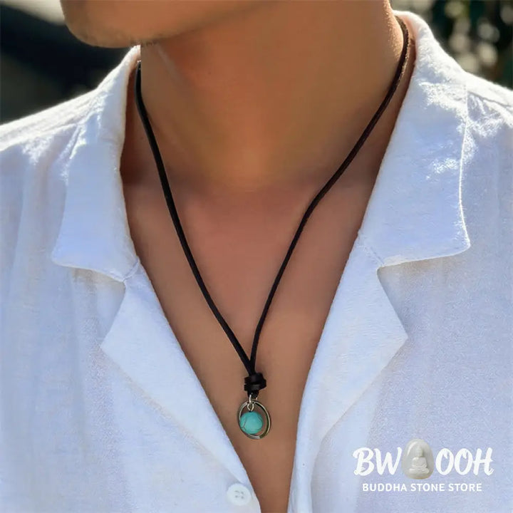 BWOOOH Round Turquoise Stone Protection Strength Necklace Pendant, featuring a 2cm synthetic turquoise stone on an 80cm PU rope. Symbolizes throat chakra activation for wisdom, serenity, and self-expression. - View 8