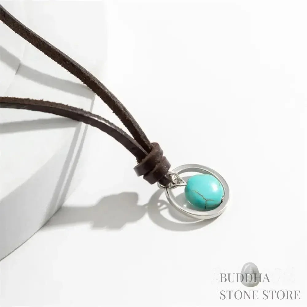 BWOOOH Round Turquoise Stone Protection Strength Necklace Pendant, featuring a 2cm synthetic turquoise stone on an 80cm PU rope. Symbolizes throat chakra activation for wisdom, serenity, and self-expression. - View 4