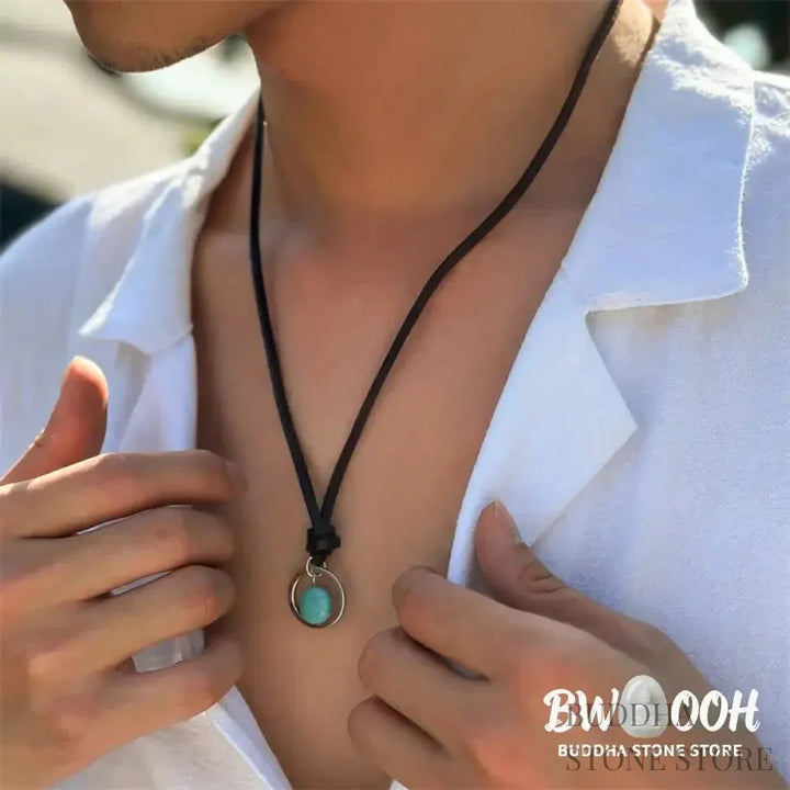 BWOOOH Round Turquoise Stone Protection Strength Necklace Pendant, featuring a 2cm synthetic turquoise stone on an 80cm PU rope. Symbolizes throat chakra activation for wisdom, serenity, and self-expression. - View 10