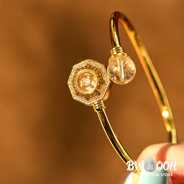 Buddha Stones Rutilated Quartz Copper Brass Rotatable Windmill Feng Sheng Shui Qi Courage Bracelet Bangle - BWOOOH