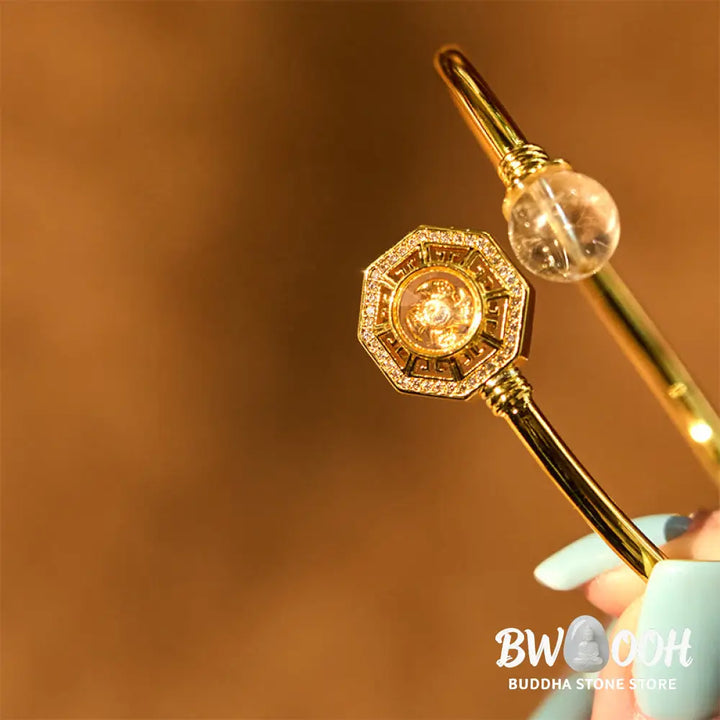 Buddha Stones Rutilated Quartz Copper Brass Rotatable Windmill Feng Sheng Shui Qi Courage Bracelet Bangle - BWOOOH