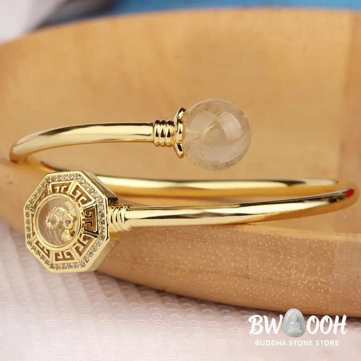 Buddha Stones Rutilated Quartz Copper Brass Rotatable Windmill Feng Sheng Shui Qi Courage Bracelet Bangle - BWOOOH