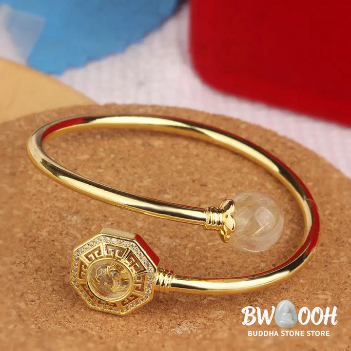 Buddha Stones Rutilated Quartz Copper Brass Rotatable Windmill Feng Sheng Shui Qi Courage Bracelet Bangle - BWOOOH