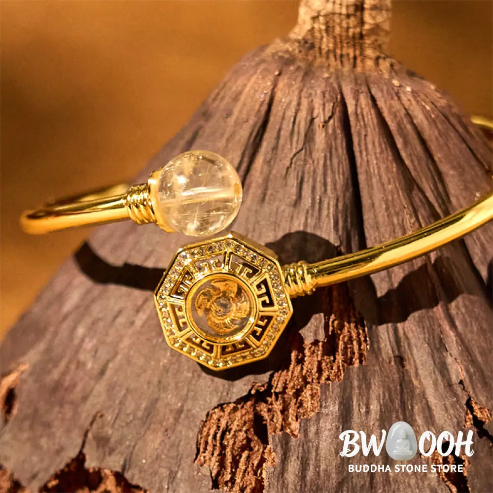 Buddha Stones Rutilated Quartz Copper Brass Rotatable Windmill Feng Sheng Shui Qi Courage Bracelet Bangle - BWOOOH