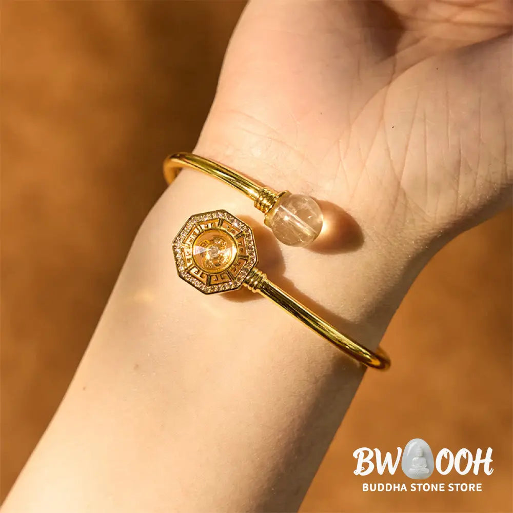 Buddha Stones Rutilated Quartz Copper Brass Rotatable Windmill Feng Sheng Shui Qi Courage Bracelet Bangle - BWOOOH