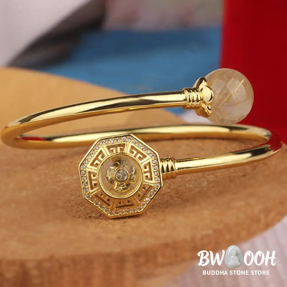 Buddha Stones Rutilated Quartz Copper Brass Rotatable Windmill Feng Sheng Shui Qi Courage Bracelet Bangle - BWOOOH