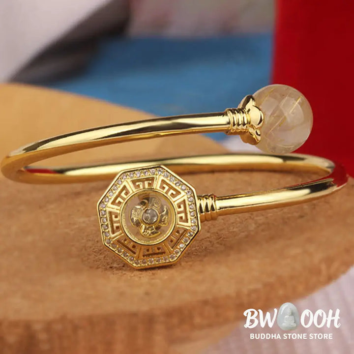 Buddha Stones Rutilated Quartz Copper Brass Rotatable Windmill Feng Sheng Shui Qi Courage Bracelet Bangle - BWOOOH