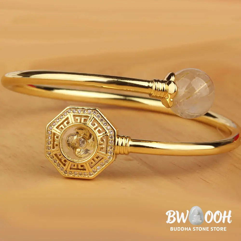 Buddha Stones Rutilated Quartz Copper Brass Rotatable Windmill Feng Sheng Shui Qi Courage Bracelet Bangle - BWOOOH