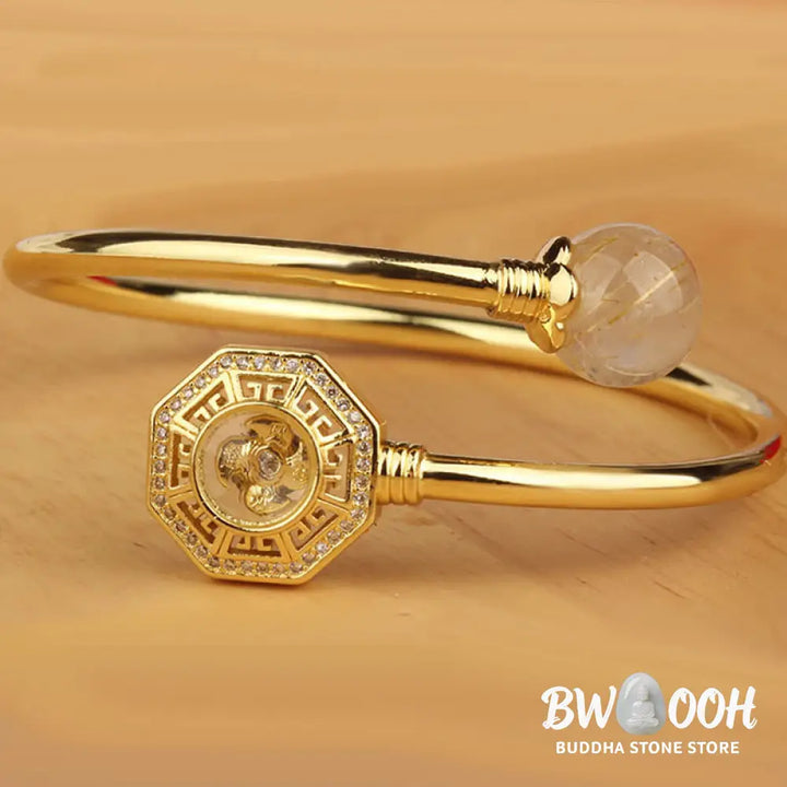 Buddha Stones Rutilated Quartz Copper Brass Rotatable Windmill Feng Sheng Shui Qi Courage Bracelet Bangle - BWOOOH