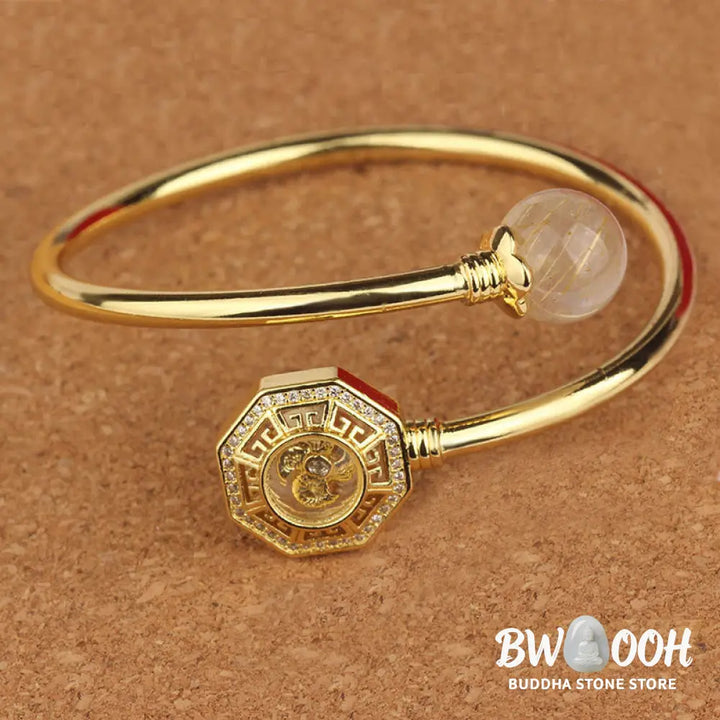 Buddha Stones Rutilated Quartz Copper Brass Rotatable Windmill Feng Sheng Shui Qi Courage Bracelet Bangle - BWOOOH