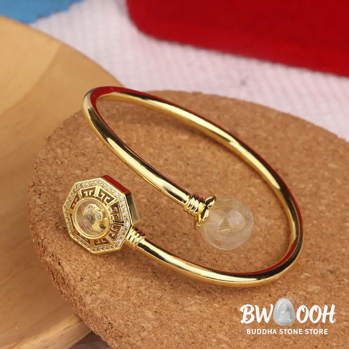 Buddha Stones Rutilated Quartz Copper Brass Rotatable Windmill Feng Sheng Shui Qi Courage Bracelet Bangle - BWOOOH