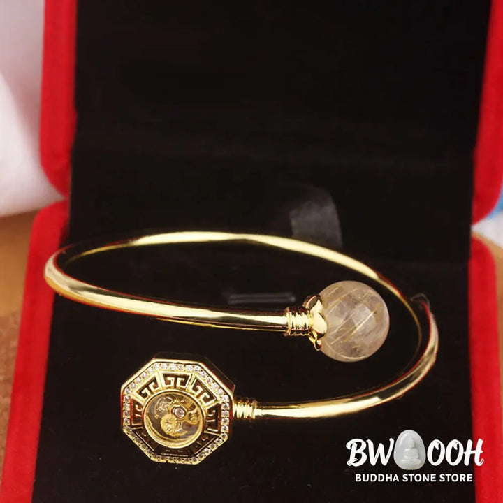 Buddha Stones Rutilated Quartz Copper Brass Rotatable Windmill Feng Sheng Shui Qi Courage Bracelet Bangle - BWOOOH